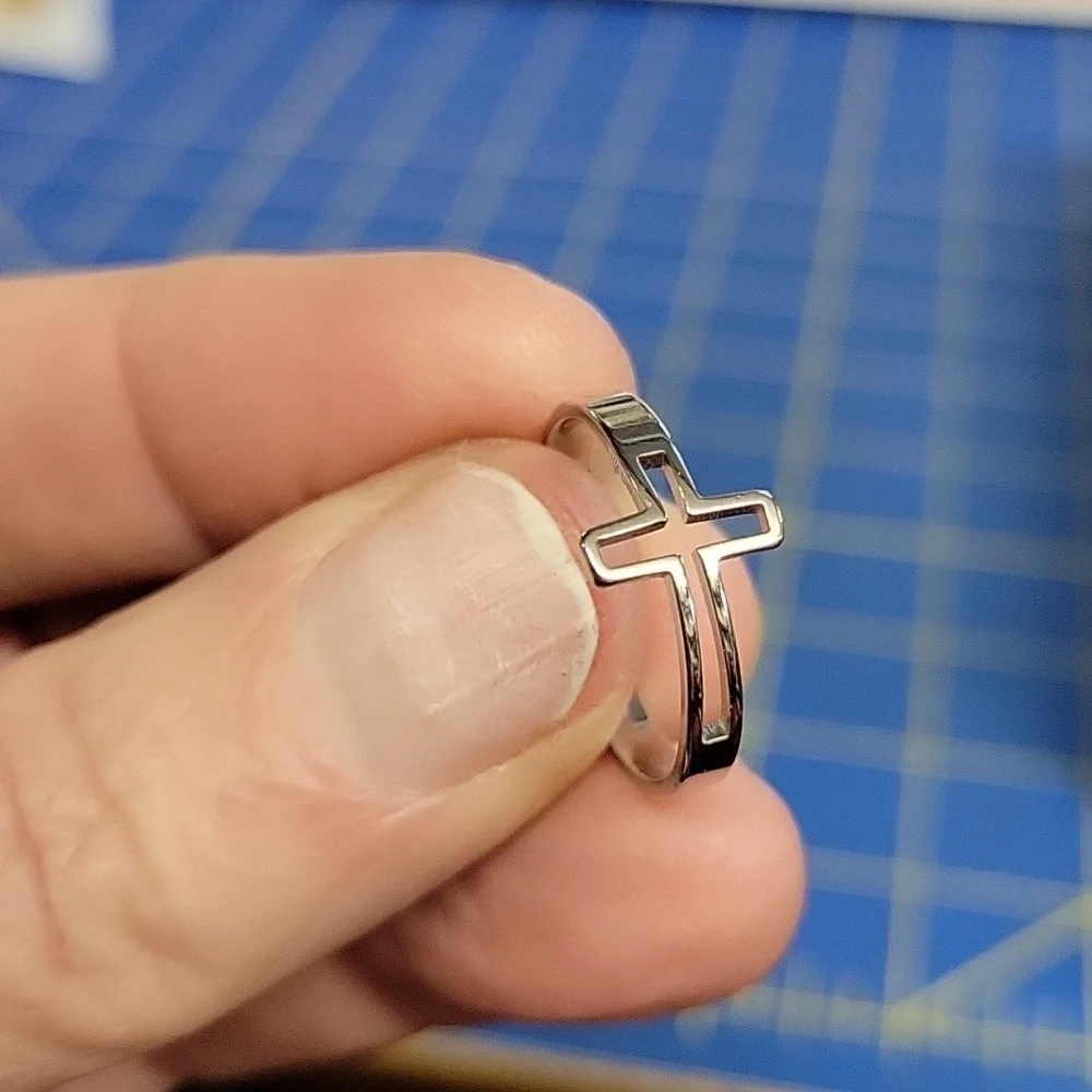 Cross Silver Tone Ring Adjustable Size 8